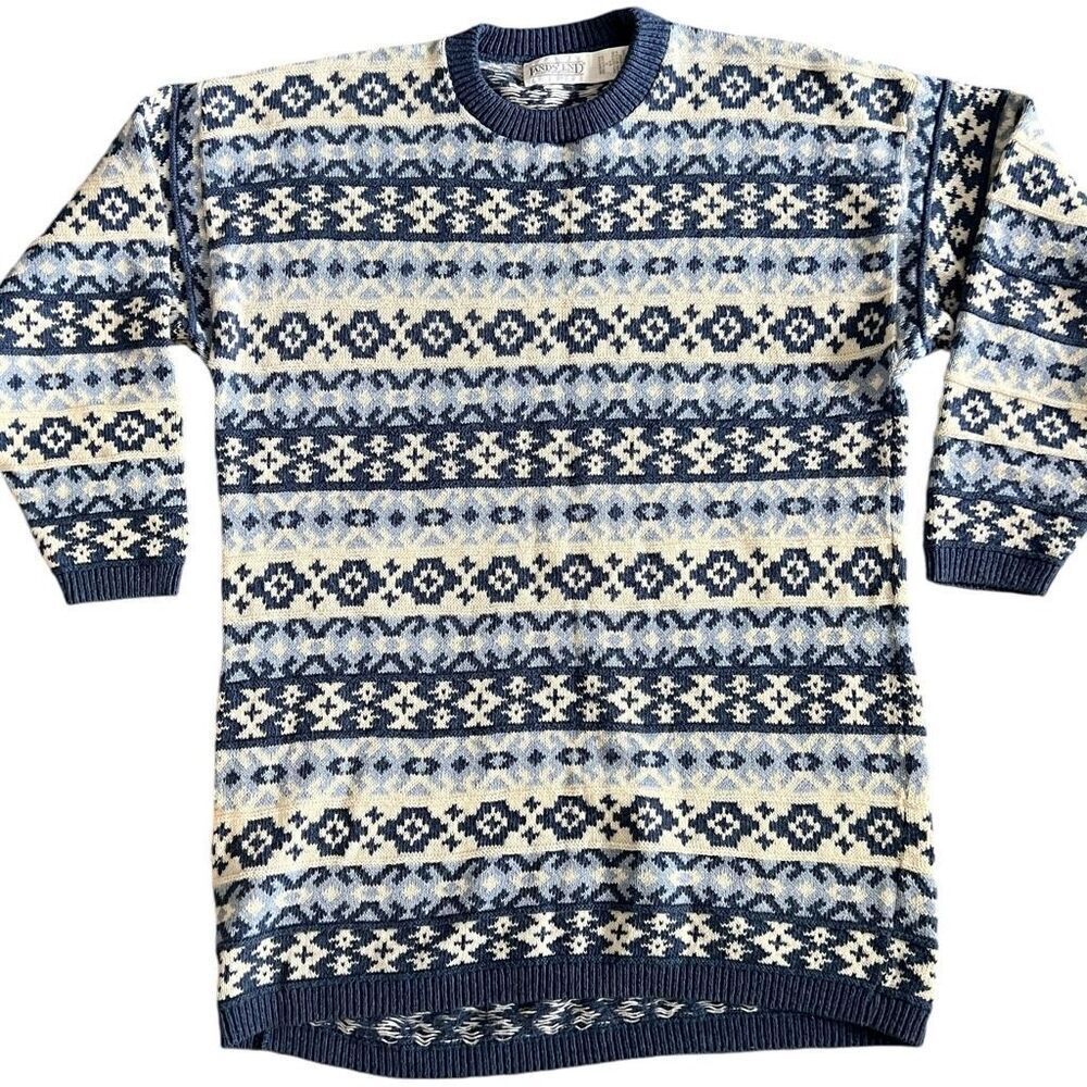 Lands End Vintage‎ Women’s Small 100% Cotton Blue Fair Isle Sweater